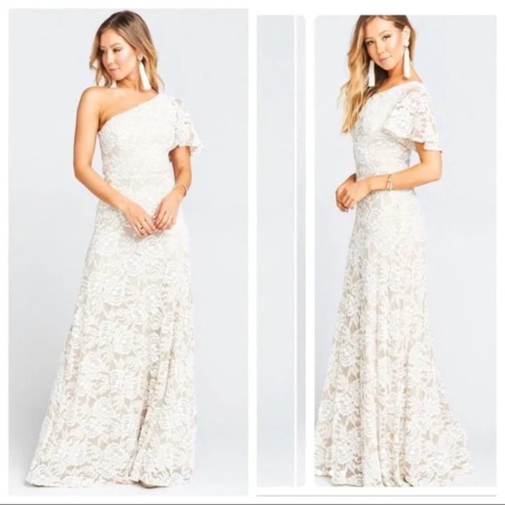 NWT Show Me Your Mumu White Lover's Lace Portia One Shoulder Maxi Dress Small